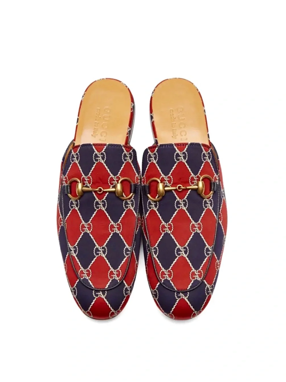 Gucci Princetown Horsebit Print Satin Mules Red Navy